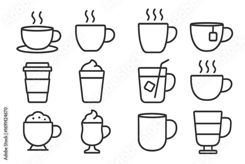 Coffee and tea outline icon set. Cups, mugs, hot beverages and cold drinks in linear style. Vector icons for cafe menu, cappuccino, latte, espresso, frappe, americano.
