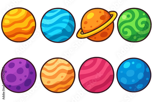 Set of colorful cartoon planets. Collection of fantasy cosmic bodies and alien worlds for space game. Vector illustration of celestial objects with different textures.