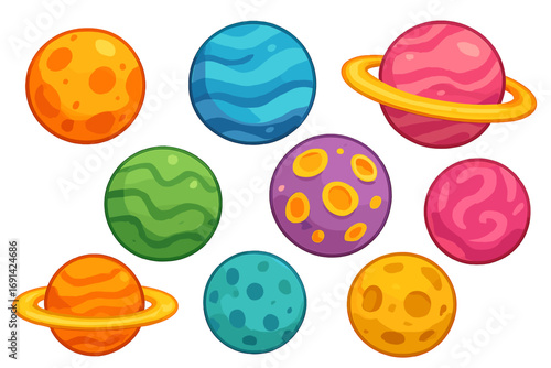 Colorful cartoon planets set. Vector collection of fantasy space objects for kids game or astronomy design. Cute celestial bodies illustration with various textures and patterns.