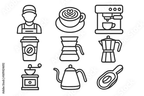 Coffee shop line icon set. Barista, latte art, brewing essentials outline collection. Vector icons of espresso machine, moka pot, pour-over, grinder, kettle, pictogram.