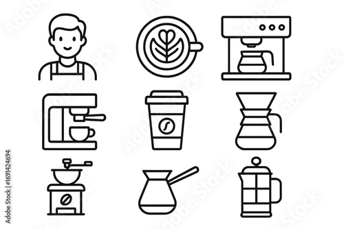 Coffee shop line icon set. Barista, latte art, espresso, French press & pour-over brewing methods. Minimal outline vector collection for cafe and beverage graphic elements.