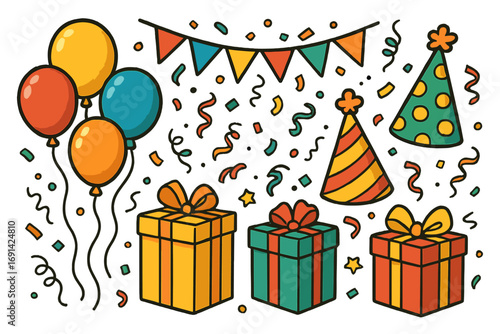 Party celebration vector elements set with balloons, gift boxes, and hats. Cartoon illustration for birthday, holiday, or anniversary. Festive doodle collection with confetti.