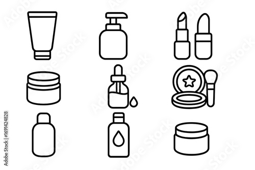 Cosmetic product line icon set. Beauty, skincare, and glamour symbols. Outline vector icons for makeup, cream, lotion, serum, lipstick, and powder. Simple cosmetic packaging.