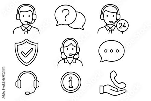 Customer support and communication icon set. Call center helpdesk outline icons. Operator with headset, 24/7 service, FAQ, chat, and info symbols. Vector line art for web.