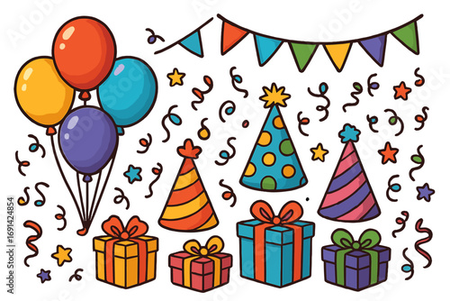 Birthday party elements set. Hand drawn vector cartoon illustration collection with colorful balloons, gift boxes, party hats, confetti and festive flag banner. Doodle icons.