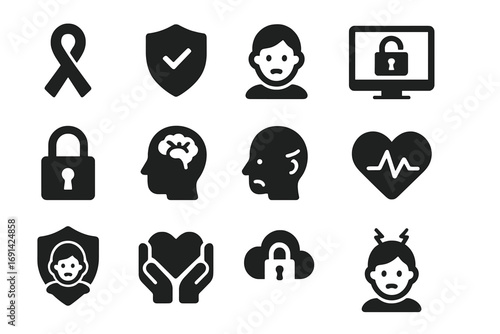Mental health and cyber safety solid icon set. Psychology, stress, anxiety, and online protection symbols. Awareness ribbon, brain, shield, and lock pictogram collection.