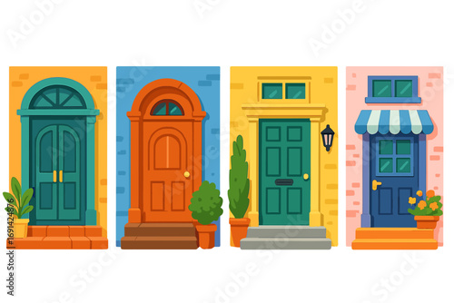 Set of colorful front doors. House entrance collection vector illustration. Cartoon home exterior. Architectural design concept with various doors. Building facade element.