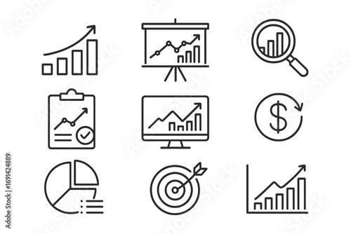Data analytics line icon set. Business metrics, finance growth, chart, graph. Marketing strategy. Performance report, statistics, research. Financial analysis symbols.