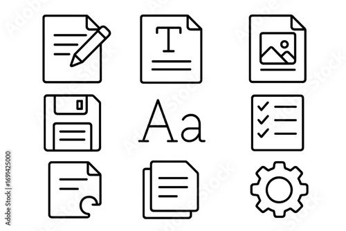 Document editing linear icon set. Text editor tools and file organization symbols. Line style vector illustration for user interface design, including save, font, and settings icons.