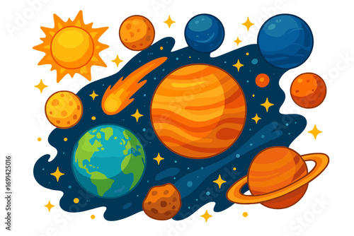 Vector cartoon solar system planets set isolated on transparent background. Colorful galaxy illustration with Sun, Earth, Jupiter, Saturn, comet, asteroid, stars. Space icon.
