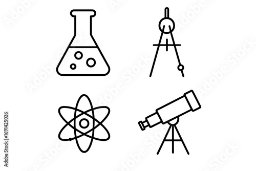 Science icon set with editable stroke. Collection of linear icons for web and apps. Laboratory flask, compass, atom, and telescope symbols for education and research.