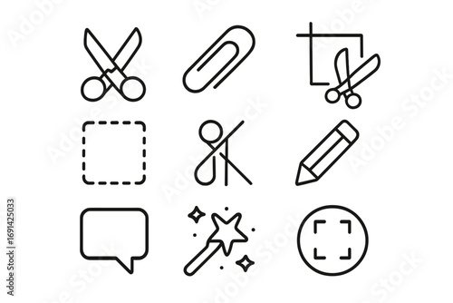 Editing tools line icon set. UI linear icons collection. Cut, crop, trim with scissors. Edit with pencil. Select, attach clip, comment, magic wand effect. Vector symbol pack.