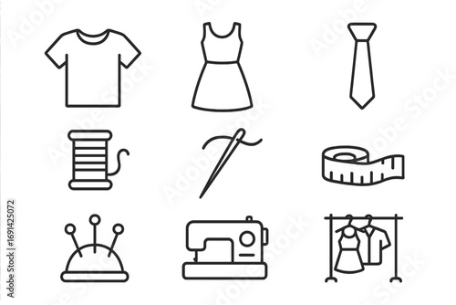 Sewing and tailoring line icon set. Garment, fashion, and dressmaking concept. Contains t-shirt, dress, needle, thread, sewing machine, and measuring tape icons. Editable stroke.