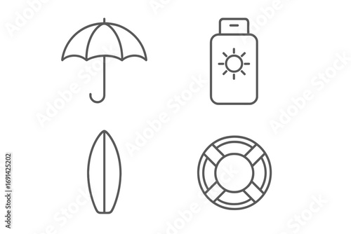Summer beach vacation icon set. Thin line icons for web and mobile. Umbrella, sunscreen, surfboard, lifebuoy. Sun protection, water sports, travel and safety concept vector.