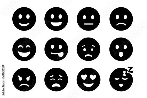 Emoji solid icon set. Simple black glyph style emoticons. Vector faces showing various expressions and emotions: happy, sad, angry, in love, sleeping, neutral, surprised.
