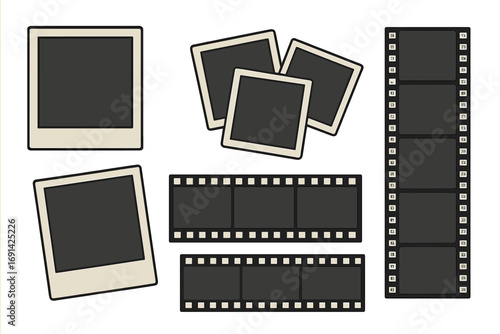 Collection of retro photo frames and film strips. Vector set for scrapbooking and design. Instant camera picture border. Vintage photograph negative template illustration.