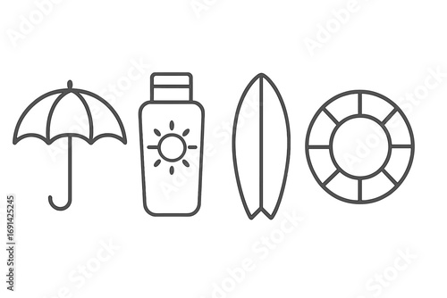 Summer beach vacation line icon set. Thin outline symbols for web and apps. Umbrella, sunscreen, surfboard, and lifebuoy for safety and recreation. Vector pictograms.