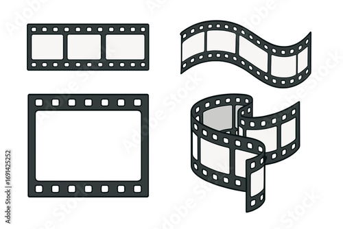 Film strip collection. Movie reel frames. Retro cinema strip icon set. Video tape negative border for photo. Photography celluloid template. Vector illustration isolated on white.