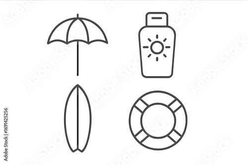 Beach vacation icon set thin line collection. Summer symbols for web design, apps. Vector illustration of umbrella, sunscreen, surfboard, lifebuoy. Sun safety, water sport.