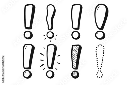 Hand drawn exclamation mark doodle set. Collection of various cartoon punctuation signs. Warning, danger and attention vector symbol. Important information concept icon.