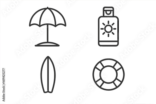 Summer beach icon set. Thin line art graphics of umbrella, sunscreen, surfboard, lifebuoy. Vacation, sun protection and sea safety concept. Vector outline symbols for web.