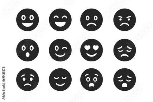 Emoticon solid glyph icon set. Emoji collection with expressive faces for chat or social media reactions. Vector illustration of various moods like happy, sad, angry, love.