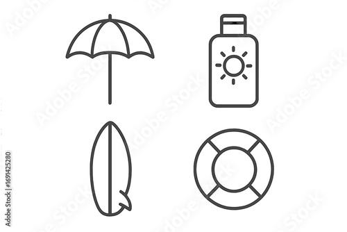 Summer beach icon set with umbrella, sunscreen, surfboard, lifebuoy. Vacation outline icons for web, apps, and infographics. Thin line vector symbols collection.