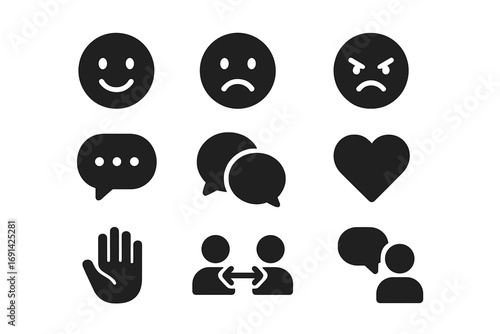 Emotion and communication solid icon set. Expressive symbols for social interaction, feedback, and chat. Vector collection with emoji, mood, and dialogue glyphs.