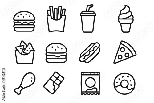 Fast food line icon set. Junk food and snacks outline collection. Vector symbols for burger, pizza, hot dog, fries, soda, and ice cream. Simple cartoon pictogram pack.