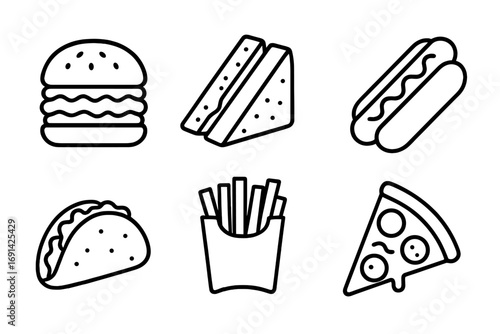Fast food outline icon set with burger, sandwich, hot dog, taco, pizza, and french fries. Vector line art for restaurant menu, junk food, takeaway, and delivery concepts.