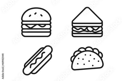 Fast food outline icon set. Burger, sandwich, hot dog, taco. Junk food linear symbols. Vector graphic elements for menu, web, and app. Minimalist pictogram collection.