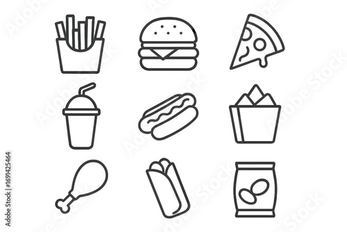 Fast food outline icon set. Minimalist line art vector symbols for restaurant menu. Includes burger, pizza, hot dog, fries, soda, chicken, burrito, nachos and snacks illustration.