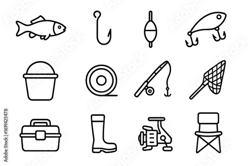 Fishing and angling line icon set. Vector outline collection of fisherman equipment and tools. Includes fish, rod, reel, lure, hook, float, net, bucket, and tackle box.