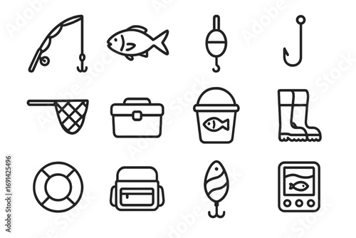 Fishing and angling line icon set. Fisherman equipment and tools outline collection. Vector icons of rod, fish, hook, lure, net, boots, sonar, and tackle box.