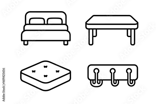 Furniture line icon set for interior design. Vector collection of home decor symbols like bed, table, mattress, and coat hook. Minimalist outline pictogram for web and app.