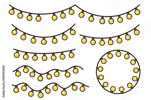 Festive string lights vector set for celebration decor. Cartoon illustration of hanging light garlands with glowing yellow bulbs. Circle frame and border arrangements for party design.