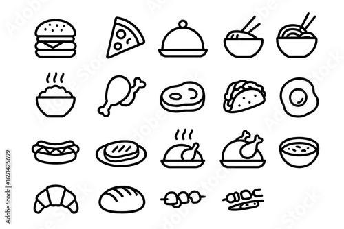 Food and cuisine line icon set. Meal, dish, and fast food outline icons. Vector collection for menu, restaurant, or web. Burger, pizza, chicken, steak, noodles, soup.