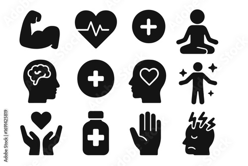 Mental health and physical wellness solid icon set. Vector glyphs of stress, anxiety, yoga, brain, heart, and self care. Psychology and medical symbols for wellbeing concept.