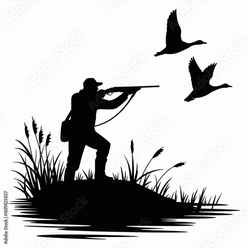 Vintage Duck Hunting Logo Retro Silhouette Vector of Hunter Shooting Ducks in Forest for Outdoor Sports Labels, Wildlife Branding, and Apparel Prints