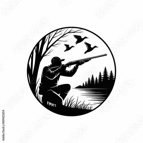 Vintage Duck Hunting Logo Retro Silhouette Vector of Hunter Shooting Ducks in Forest for Outdoor Sports Labels, Wildlife Branding, and Apparel Prints