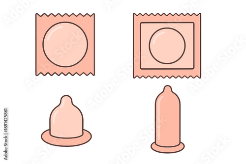 Vector set of condoms and packaging. Safe sex, contraception concept. Flat design illustration of latex prophylactic for birth control and STD protection. Healthcare icons.