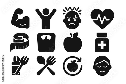 Health and wellness glyph icons. Fitness, diet, and mental health symbols. Solid vector icon set for nutrition, weight loss, stress management, self-care, and healthy lifestyle.