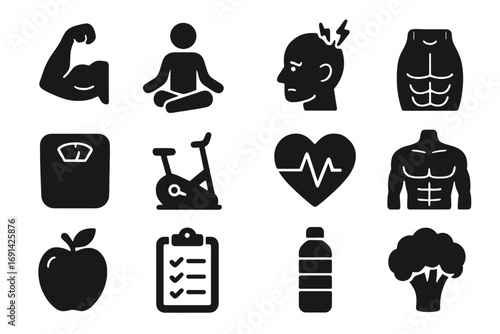 Fitness and health solid icon set. Nutrition, diet, workout and gym vector icons. Healthy food, stress, sport, lifestyle, body. Wellness glyph symbol collection.