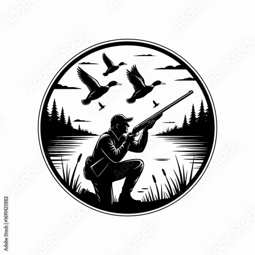 Duck Hunting Silhouette Badge – Vintage Vector Scene with Hunter, Ducks, Forest and Lake for Outdoorsman Logo, Labels, Apparel, and Wildlife Adventure Design