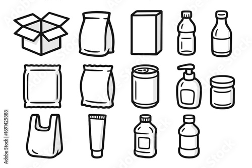 Packaging icon set. Consumer goods and grocery product containers. Vector cartoon illustration of box, bottle, can, bag, and jar. Black and white outline graphic symbols.