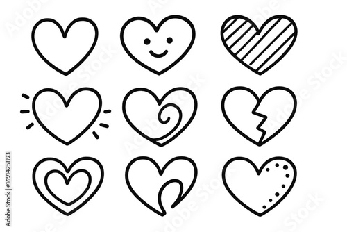 Set of nine hand-drawn heart icons. Doodle style vector illustration collection of love, romance, and emotion symbols. Simple black and white line art including a broken heart.