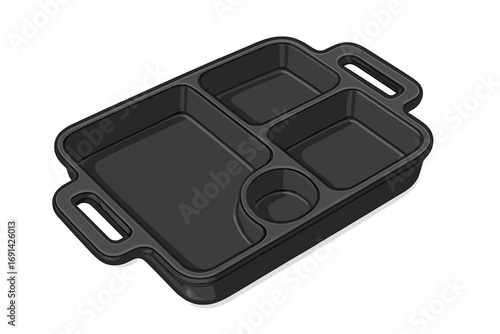 School lunch tray vector illustration. Cafeteria food container with sections for portion control. Mess kit, bento box, or prison meal tray concept. Isolated cartoon icon.