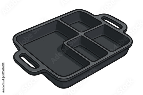 Cast iron baking tray with multiple sections. Versatile cooking & serving pan. Divided cookware dish for meal prep & portion control. Kitchenware vector cartoon illustration.