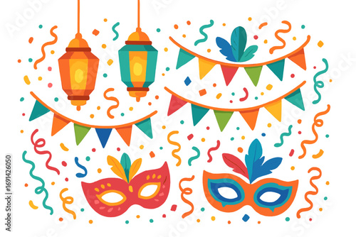 Carnival party decoration set. Festive vector illustration with masks, lanterns, confetti, and flags. Joyful celebration design elements for a festival or masquerade.