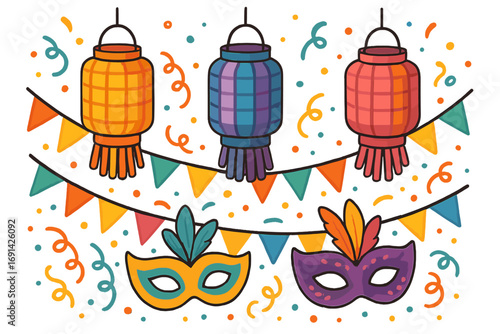 Vector illustration set of carnival party elements. Colorful decorations with lanterns, masks, confetti and flags for a festive celebration. Joyful atmosphere design concept.
